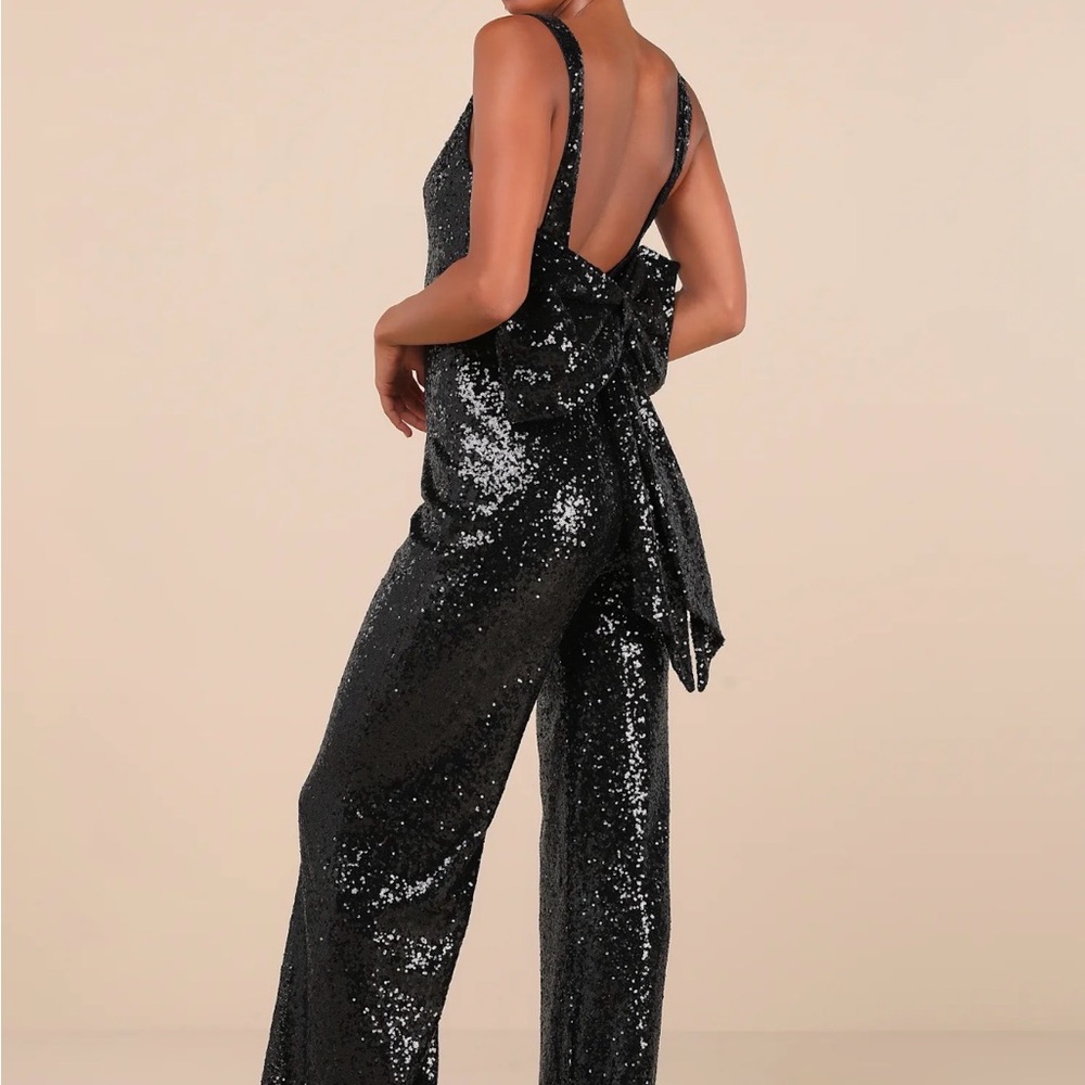 Lulus Black Sequin Bow Jumpsuit - Picture 2 of 4